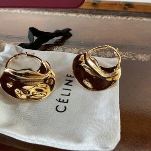 Celine Phoebe Philo Swirl Large Hoop Gold Tone Brass Earrings
